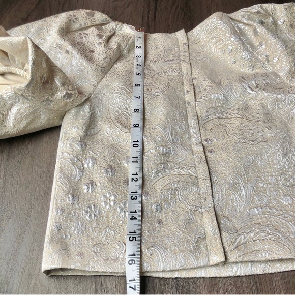 Express Metallic Jacquard Puff Sleeve Top Ivory Silver Size 2 Rococo Regency - Picture 6 of 9
